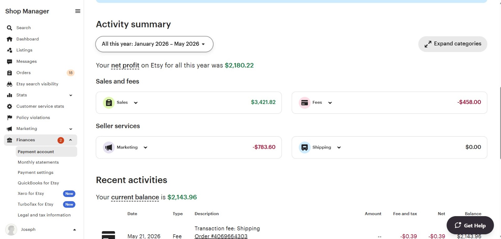 Etsy analytics screenshot